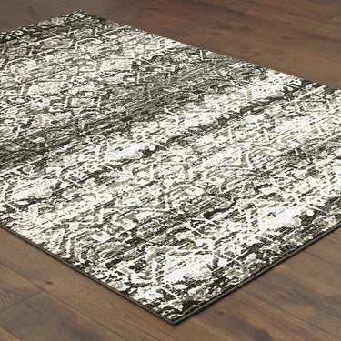 Oriental Weavers Bowen Grey 042H2 Gray and Ivory Compact Bedroom Accent Geometric Area Rug 3'10" x 5'5" — angled view showing pattern scale