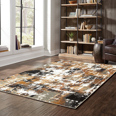 Oriental Weavers Bowen Grey 4928X Gray and Gold Compact Bedroom Accent Modern Area Rug 3'10" x 5'5" — styled in a furnished room