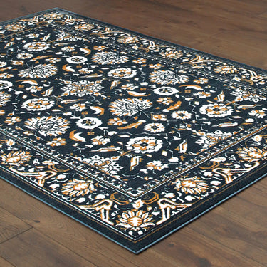 Oriental Weavers Bowen 534L2 Navy and Gold Extra Large Room Anchor Medallion Area Rug 9'10" x 12'10" — angled view showing pattern scale