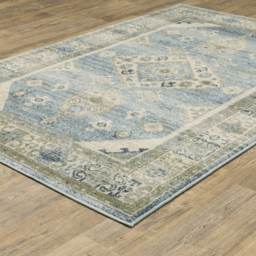 Oriental Weavers Branson BR03A Blue and Gray Compact Bedroom Accent Polypropylene Area Rug 3'3" x 5' — angled view showing pattern scale