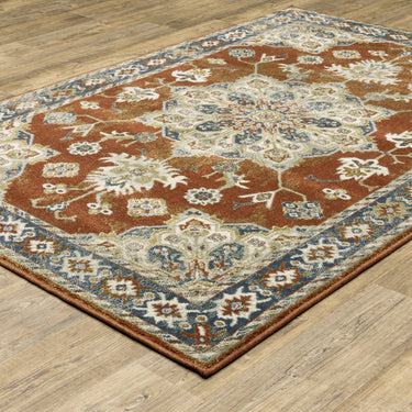 Oriental Weavers Branson Orange BR04A Rust and Beige Medium Living Room Rug Polypropylene Area Rug 5'3" x 7'3" — angled view showing pattern scale