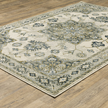 Oriental Weavers Branson BR04B Ivory and Blue Extra Large Room Anchor Traditional Area Rug 9'10" x 12'10" — angled view showing pattern scale