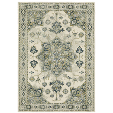Oriental Weavers Branson BR04B Ivory and Blue Compact Bedroom Accent Medallion Area Rug 3'3" x 5' — full overhead view of the rug