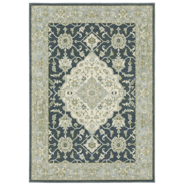 Oriental Weavers Branson BR05A Teal Blue and Ivory Extra Large Room Anchor Medallion Area Rug 9'10" x 12'10" — full overhead view of the rug