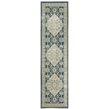 Oriental Weavers Branson BR05A Teal Blue and Ivory Hallway Runner Traditional Runner Rug 1'10" x 7'3" — runner shape view
