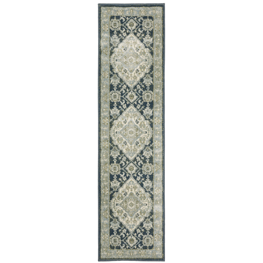 Oriental Weavers Branson BR05A Teal Blue and Ivory Hallway Runner Traditional Runner Rug 1'10" x 7'3" — runner shape view