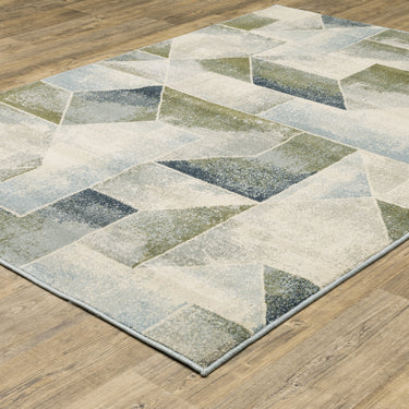 Oriental Weavers Branson BR10A Blue and Green Large Seating Area Rug Geometric Area Rug 7'10" x 10' — angled view showing pattern scale