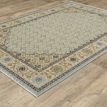 Oriental Weavers Capella CAP02 Pale Blue and Gold Extra Large Room Anchor Traditional Area Rug 9'10" x 12'10" — angled view showing pattern scale