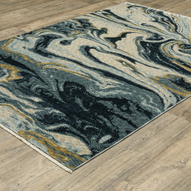 Oriental Weavers Capella CAP10 Navy Blue and Teal Extra Large Room Anchor Modern Area Rug 9'10" x 12'10" — angled view showing pattern scale