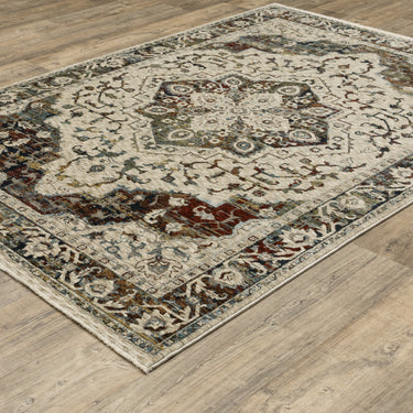 Oriental Weavers Capella CAP12 Beige and Multi Large Seating Area Rug Medallion Area Rug 6'7" x 9'6" — angled view showing pattern scale