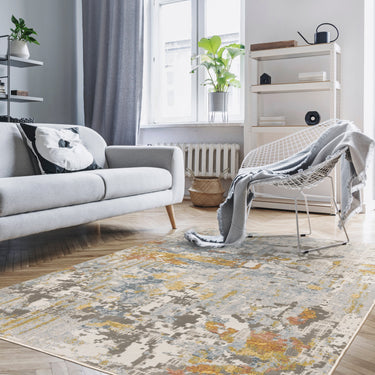 Oriental Weavers Caravan Grey 1340W Gray and Blue Extra Large Room Anchor Abstract Area Rug 9'10" x 12'10" — styled in a furnished room